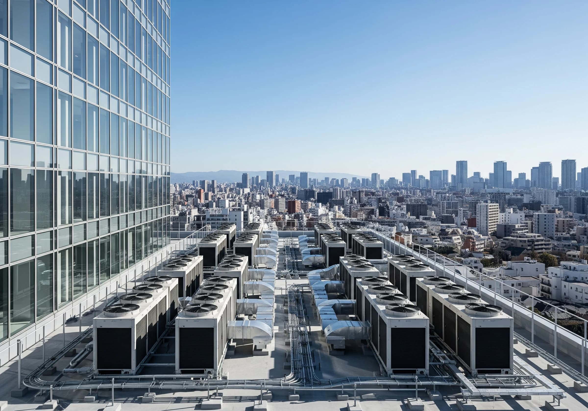 業務用空調機器が並ぶビル屋上の外観